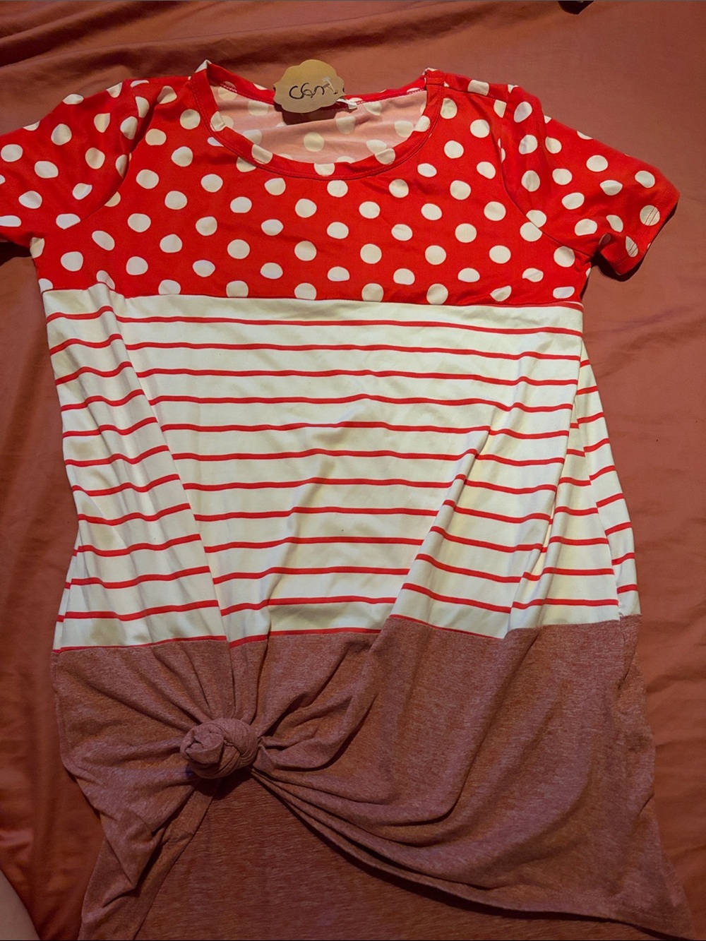 Reborn J Red & White Polka Dot and Stripe Short Sleeve Top